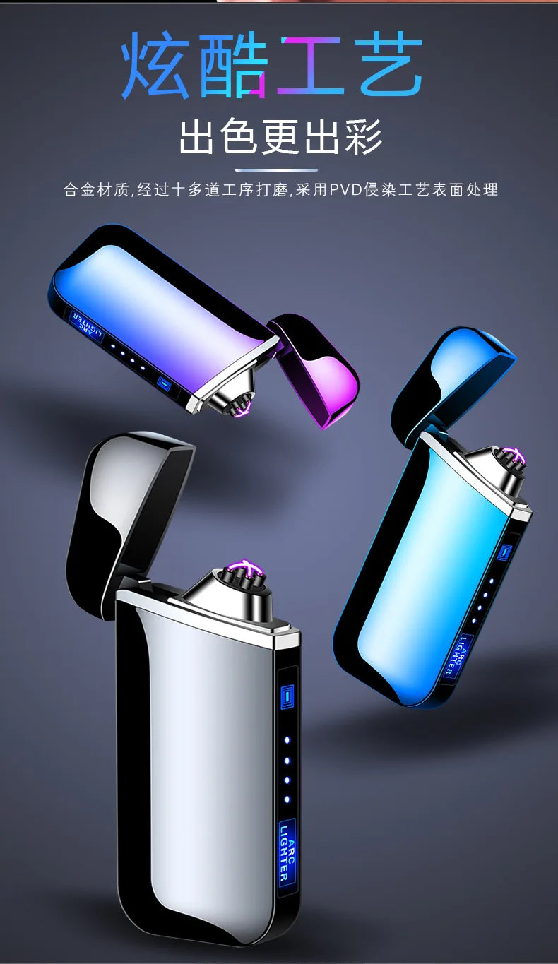 New Electric Windproof Metal Lighter Double Arc Flameles Plasma Rechargeable USB Lighter LED Power Display Touch Sensor Lighters