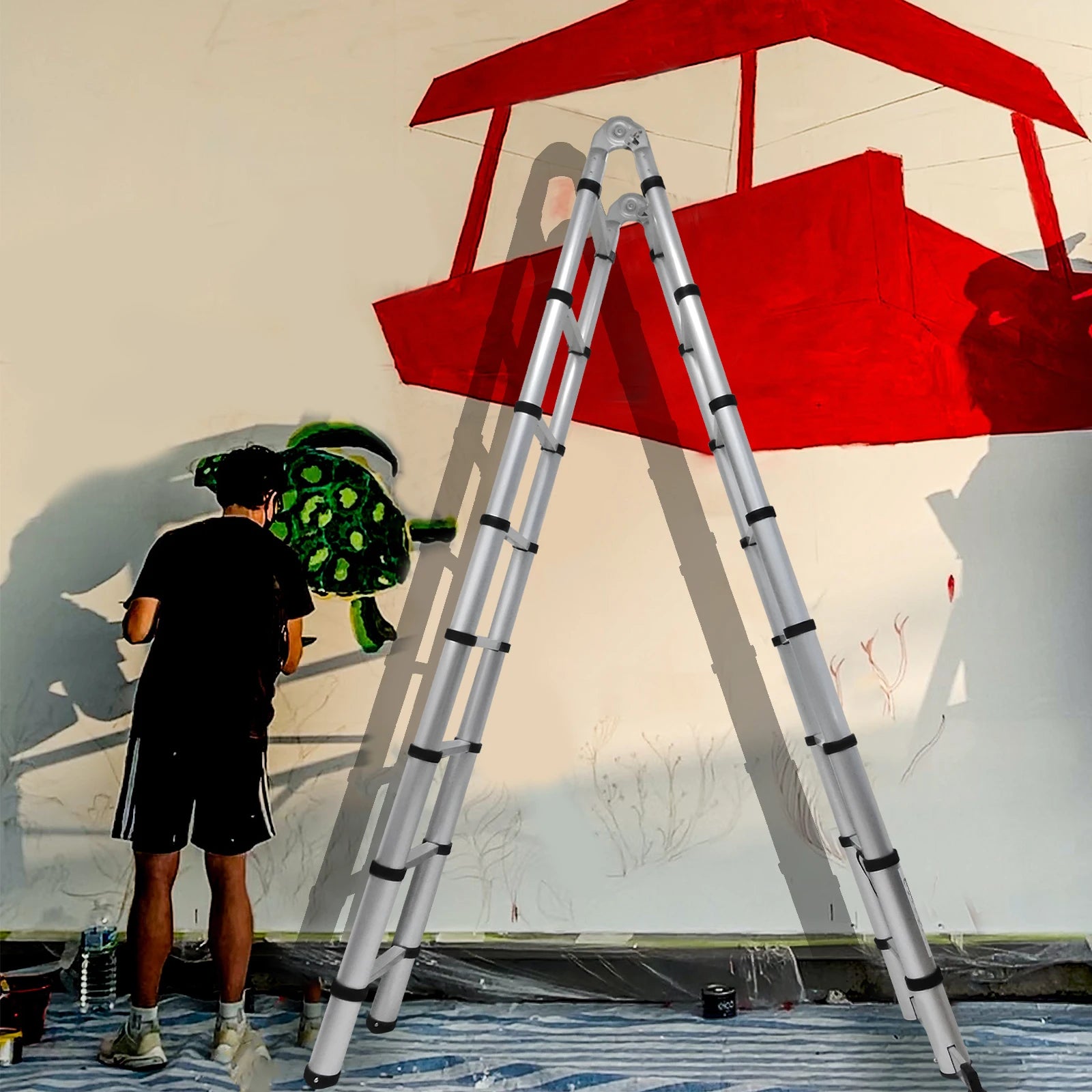 3.8M/5M Aluminium  Telescopic Ladder ,Heavy Duty Multi-Purpose A-Frame Sturdy Folding Ladder ,No-slip,150kg Load Capacity