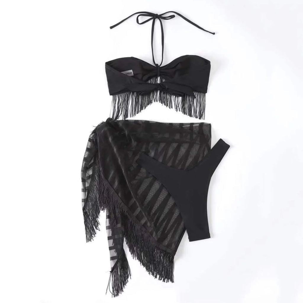 Mesh Three Piece Swimsuit Womens Sexy Tassel Bra Sling Bikini Suit Cover Up Women'S Swimsuit Bikini Woman 2024 Trend Push Up