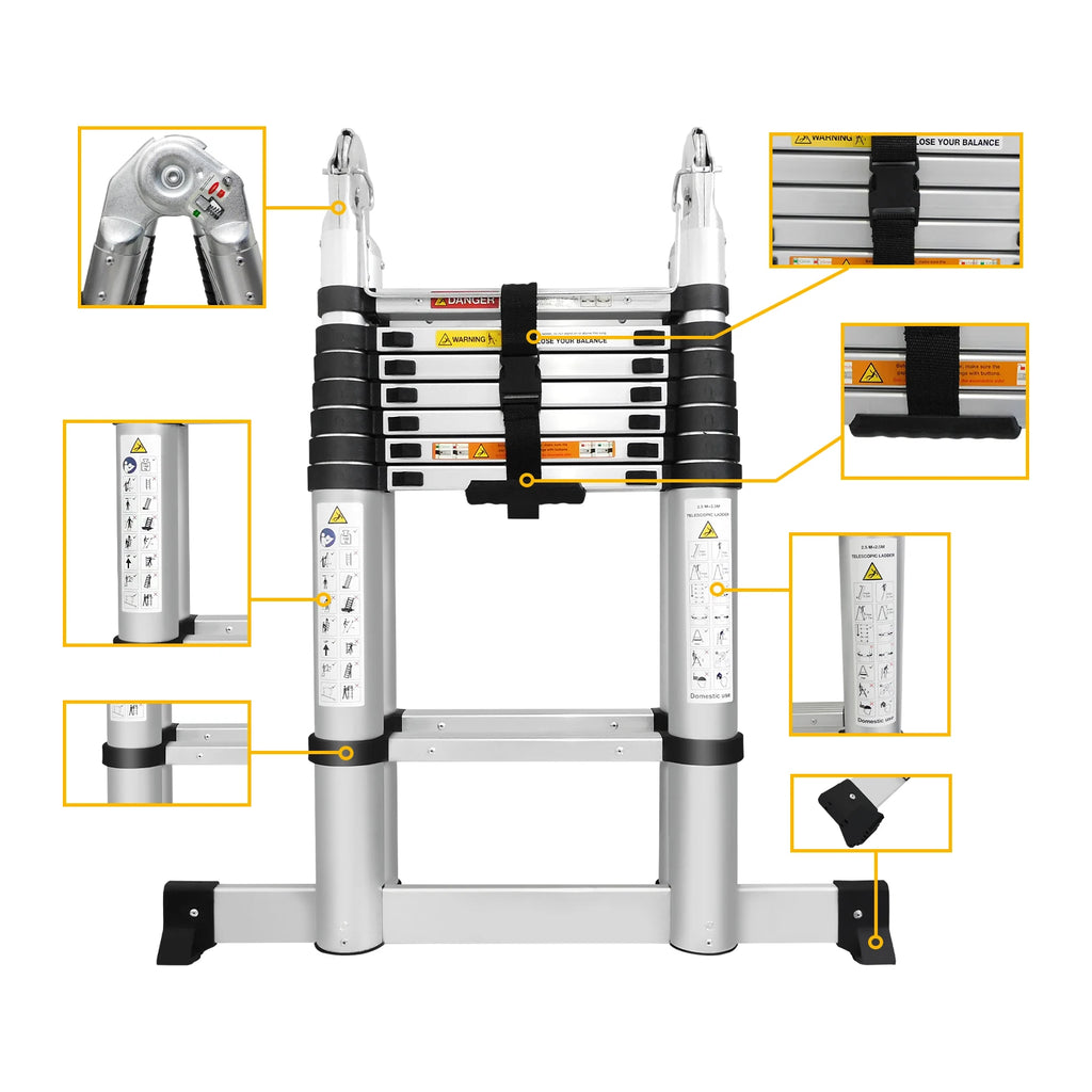3.8M/5M Aluminium  Telescopic Ladder ,Heavy Duty Multi-Purpose A-Frame Sturdy Folding Ladder ,No-slip,150kg Load Capacity