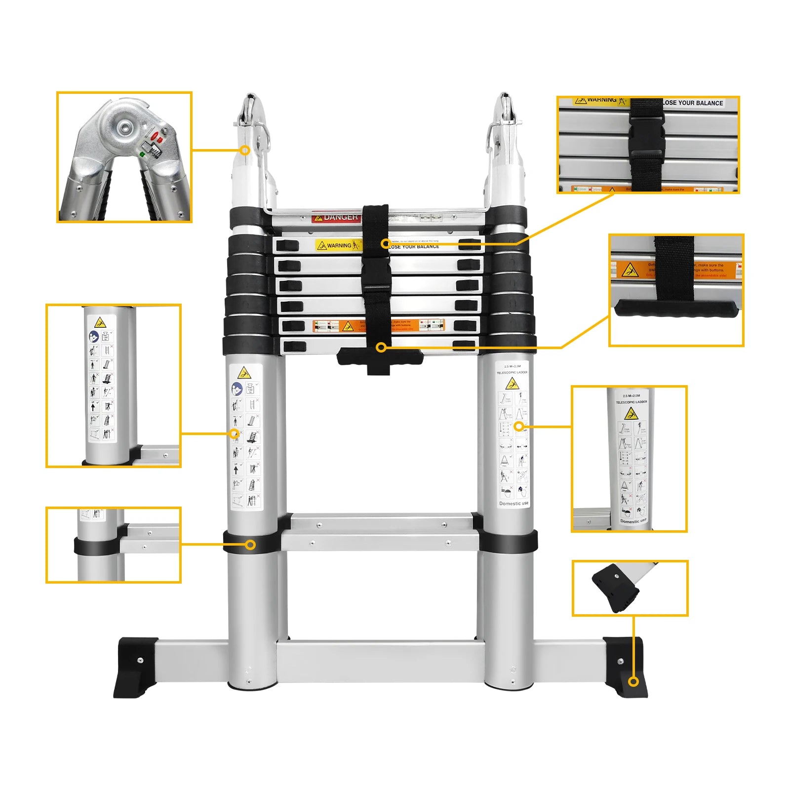 3.8M/5M Aluminium  Telescopic Ladder ,Heavy Duty Multi-Purpose A-Frame Sturdy Folding Ladder ,No-slip,150kg Load Capacity