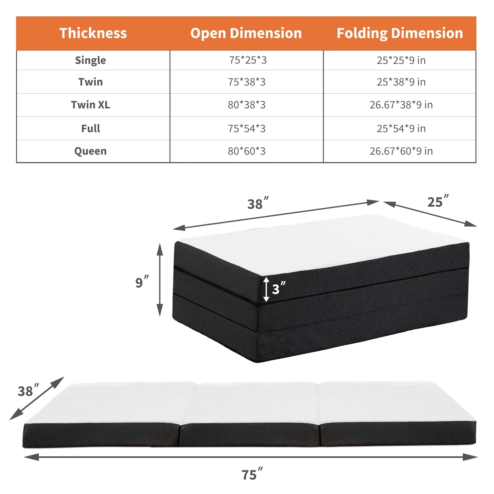 JHK Three Fold Portable Floor Bed,Certified By CertiPUR-US,Suitable For Travel,Camping,And Yoga,Soft Touch And Flexible Zipper