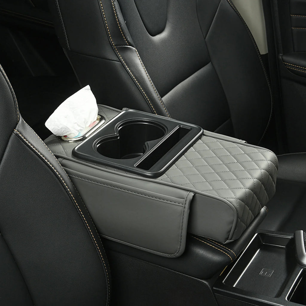 Car Armrest Cushion Extender with Cup Holder and Tissue Box Multifunctional Storage for Most Vehicles Black Grey Brown Red