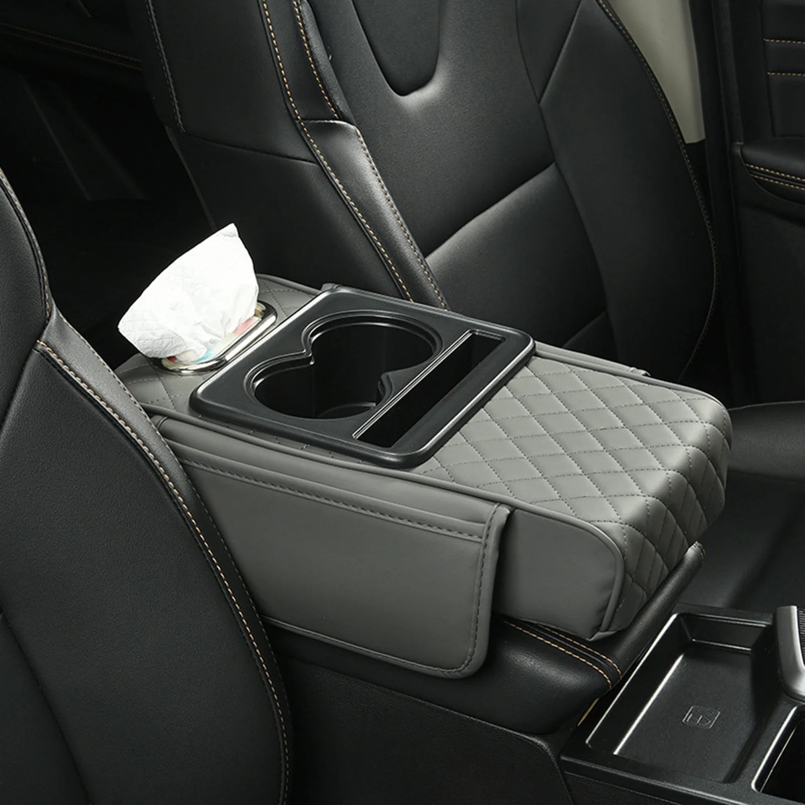 Car Armrest Cushion Extender with Cup Holder and Tissue Box Multifunctional Storage for Most Vehicles Black Grey Brown Red