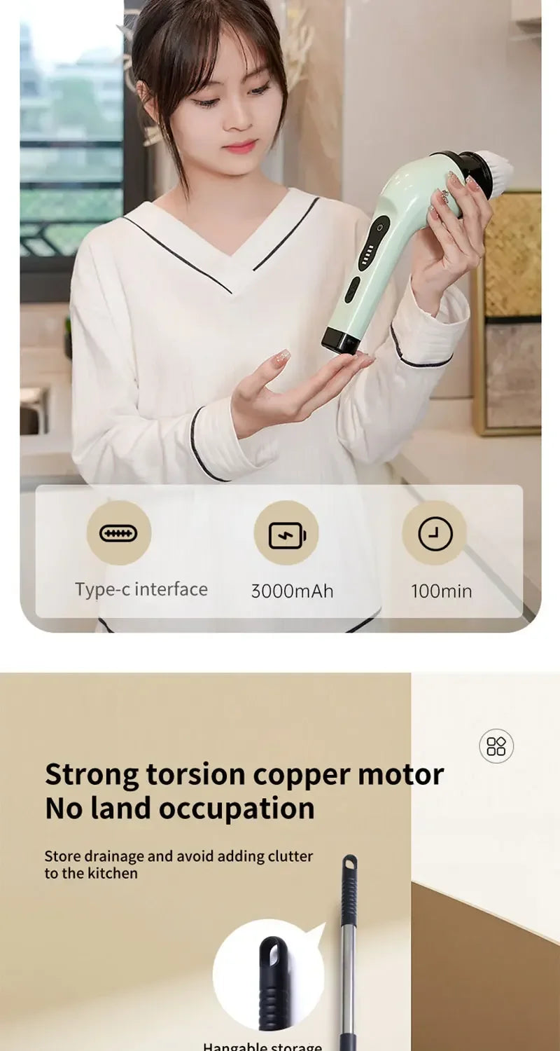 9-in-1 Electric Rotating Cleaning Brush, Wireless Shower Scrubber with Replaceable Heads and Adjustable Telescopic Handle