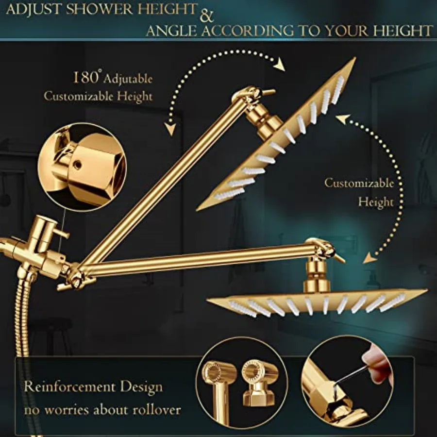 12'' Rain Shower Head with 11'' Adjustable Extension Arm and 5 Settings High Pressure Handheld Shower Head Combo Powerful Showe
