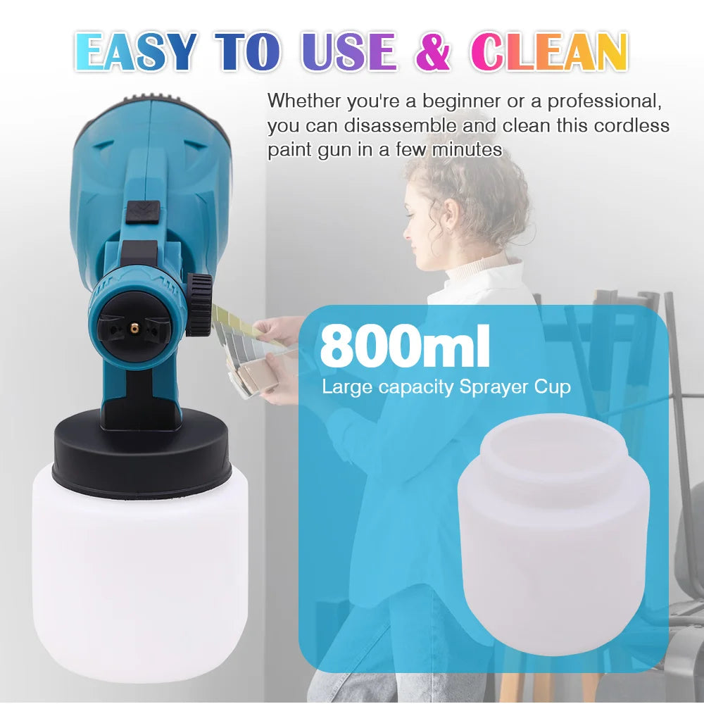 HVLP Paint Sprayer Cordless Electric 21V Airless 600W 800ML With 2x2000mAh Battery for Doors Fences Furniture Wall Cabinet Garde