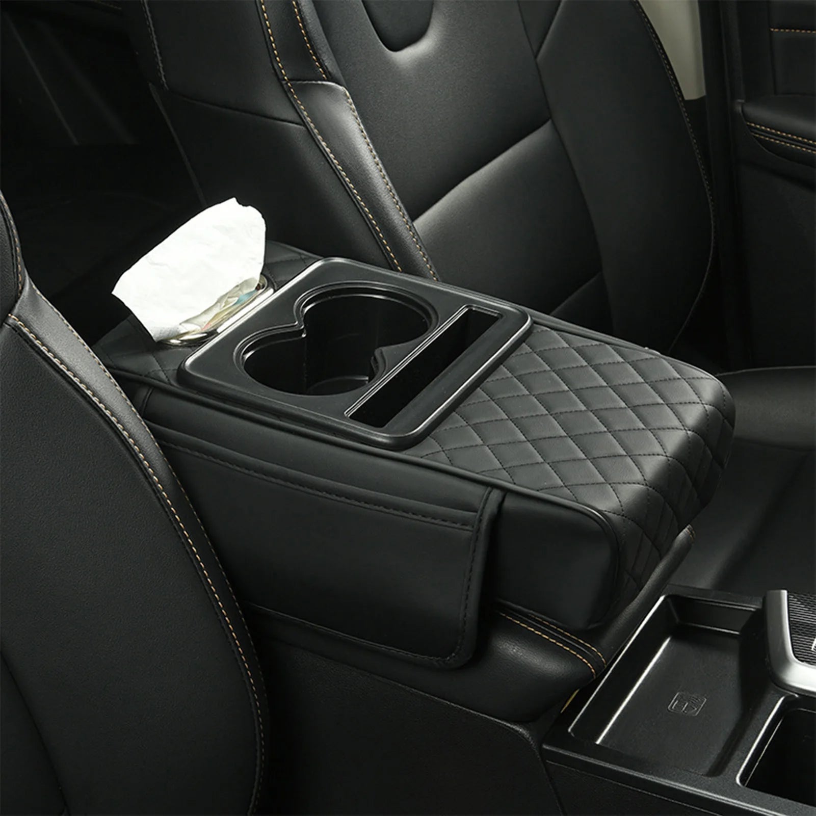 Car Armrest Cushion Extender with Cup Holder and Tissue Box Multifunctional Storage for Most Vehicles Black Grey Brown Red