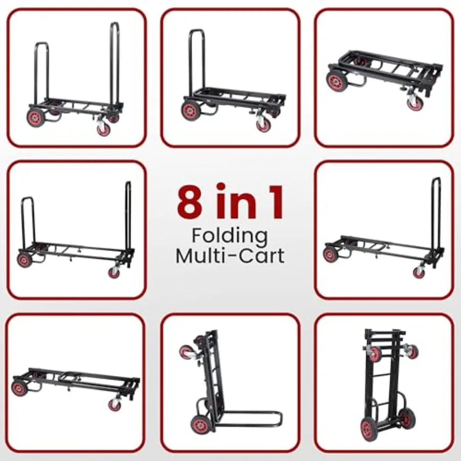 Compact Folding Adjustable Equipment Dolly - Heavy Duty 8-in-1 Convertible Cart Hand Truck/Dolly/Platform Cart with R-Trac Whee