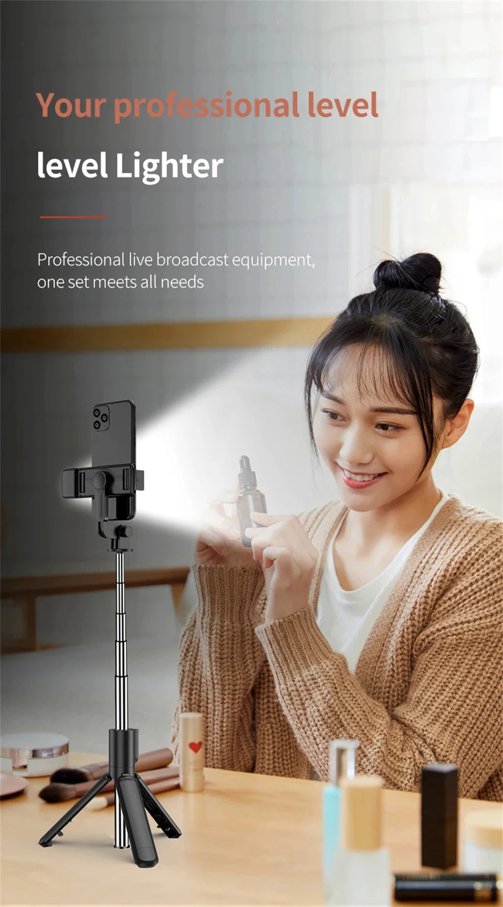 3In1 Bluetooth Wireless Selfie Tripod with Fill Light Shutter Remote Control Portable Foldable Monopod for IPhone Smart Phone