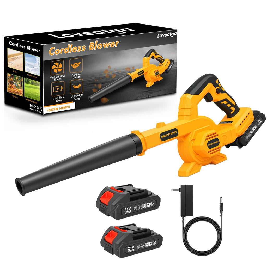 21V Brushless Leaf Blower Kit 150CFM Cordless Handheld Turbo Blower with Two 2.0Ah Batteries for Leaves Lawn Care Patio Dust
