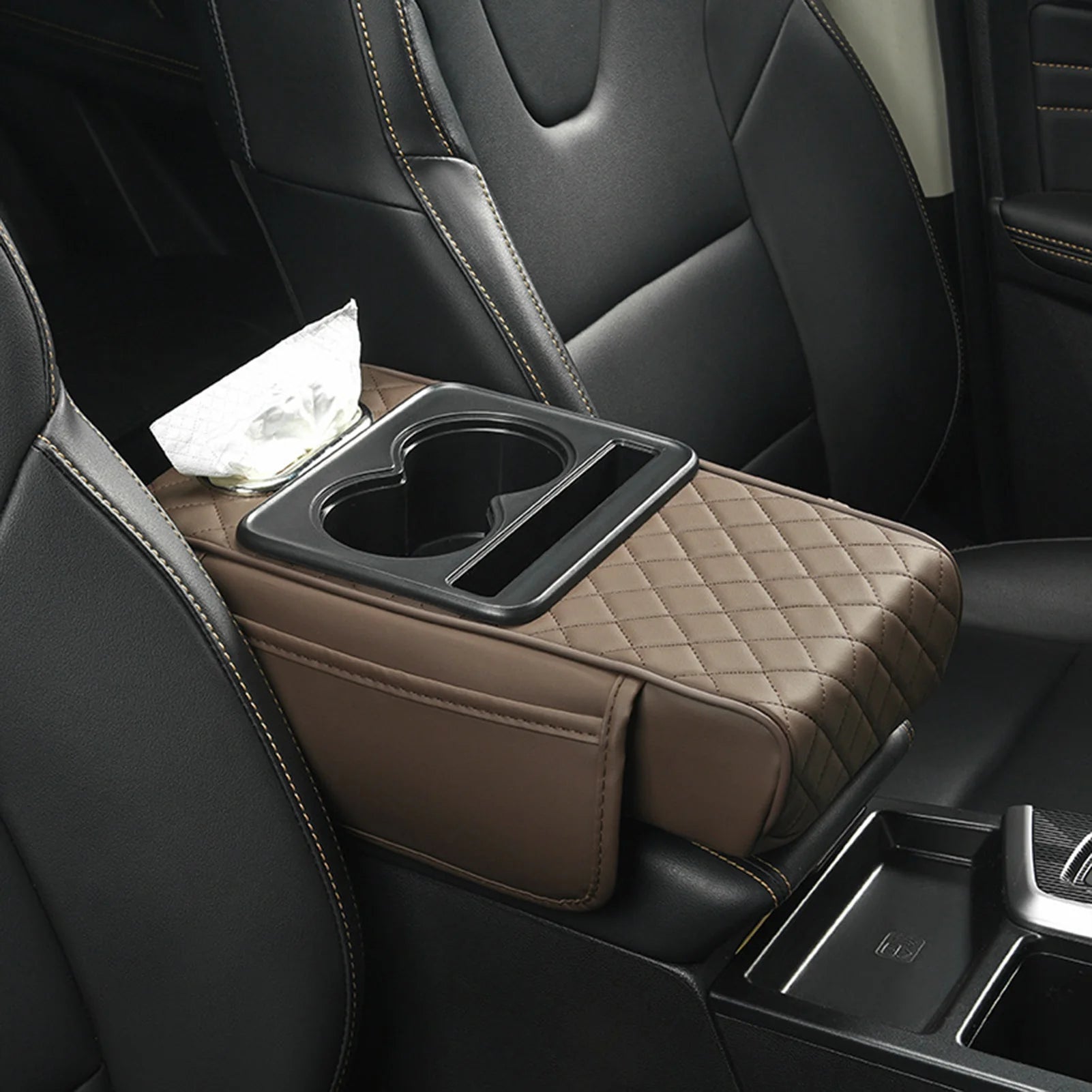 Car Armrest Cushion Extender with Cup Holder and Tissue Box Multifunctional Storage for Most Vehicles Black Grey Brown Red