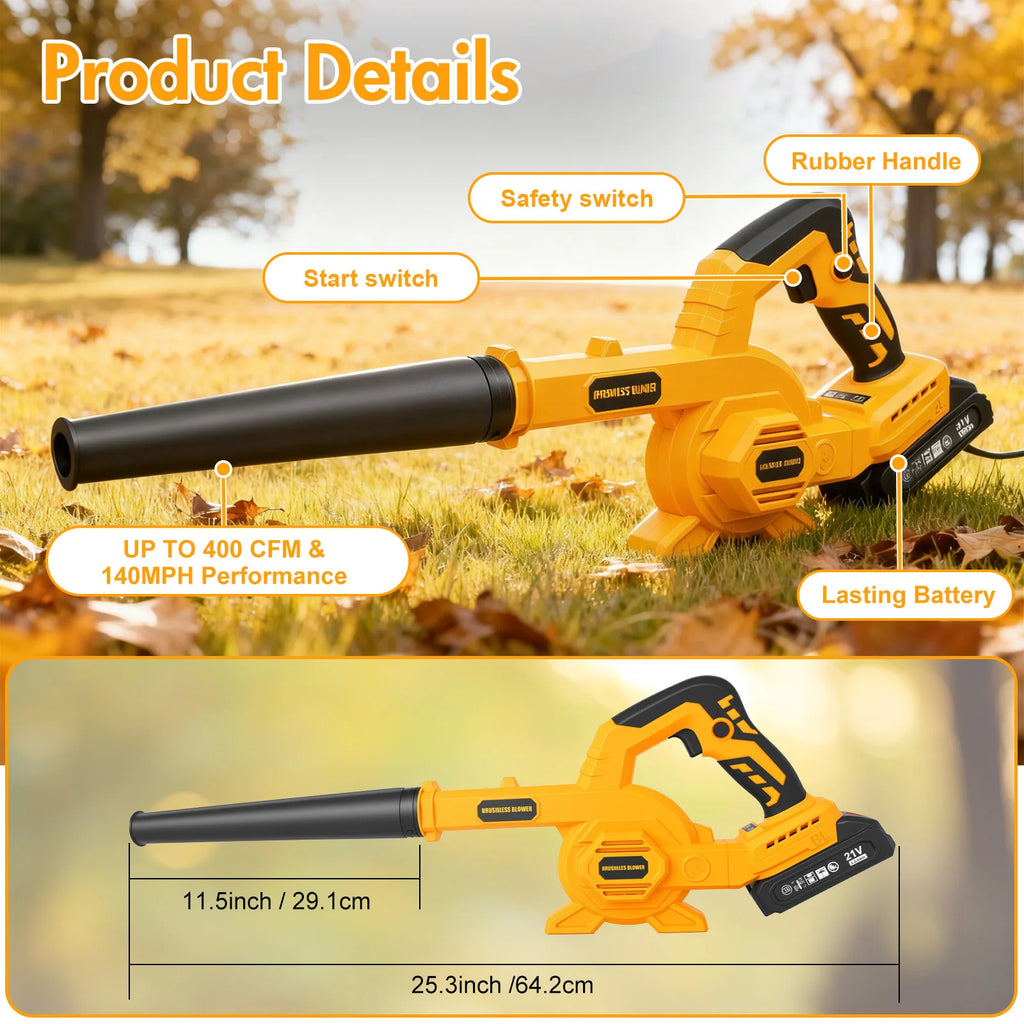 21V Brushless Leaf Blower Kit 150CFM Cordless Handheld Turbo Blower with Two 2.0Ah Batteries for Leaves Lawn Care Patio Dust