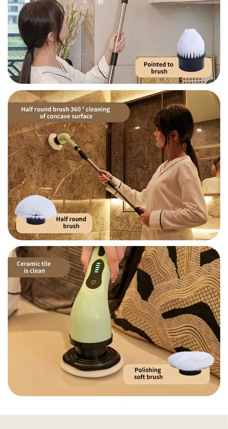 9-in-1 Electric Rotating Cleaning Brush, Wireless Shower Scrubber with Replaceable Heads and Adjustable Telescopic Handle