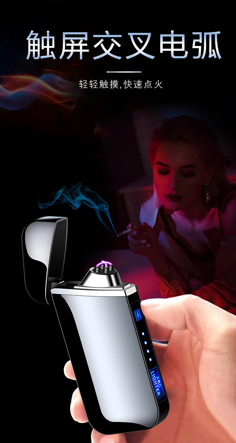 New Electric Windproof Metal Lighter Double Arc Flameles Plasma Rechargeable USB Lighter LED Power Display Touch Sensor Lighters