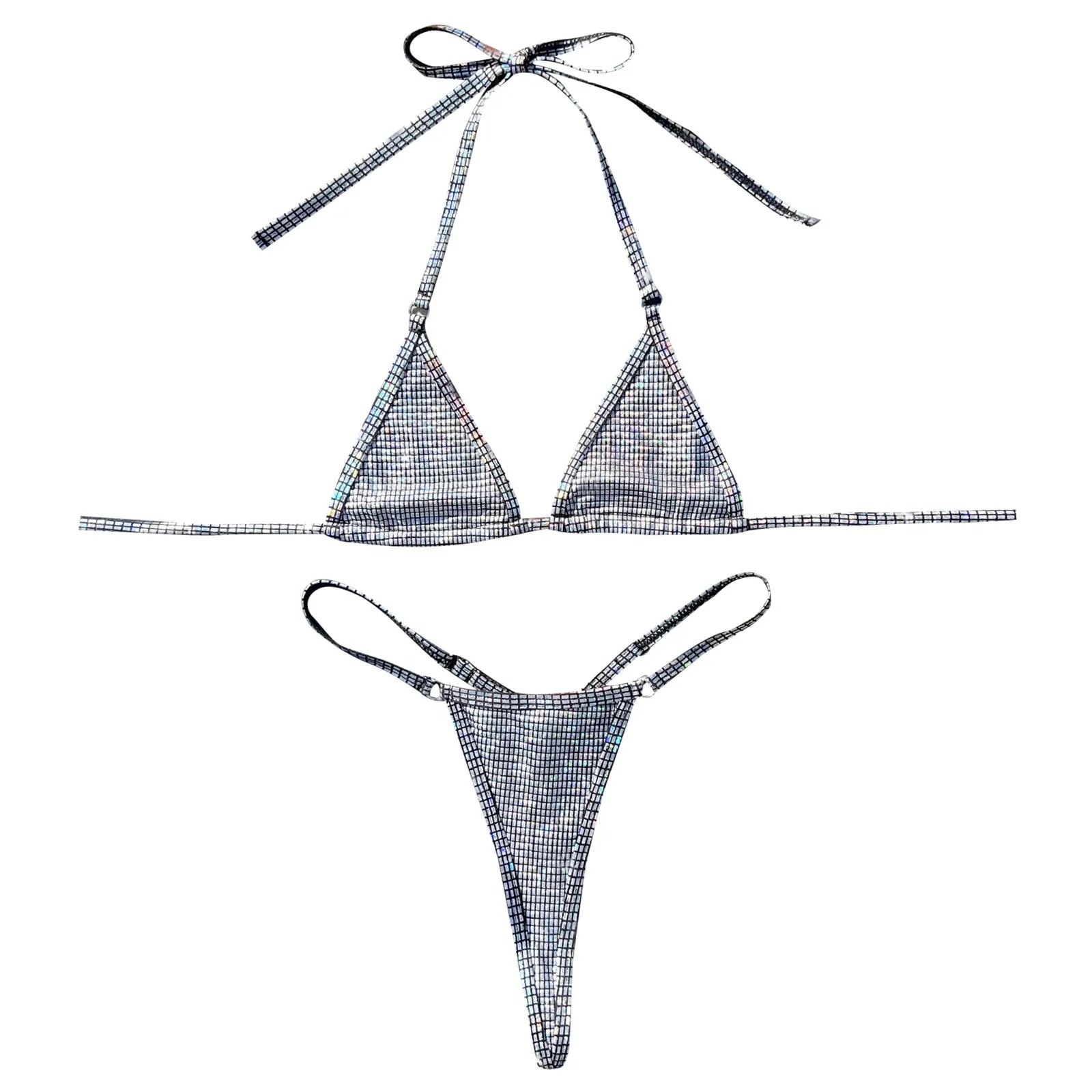 Glitter Silver Triangle Brazilian Bikini Push Up Swimwear Women Sexy Bathing Suits Thongs Halter Neck Lace Up Micro Swimsuits