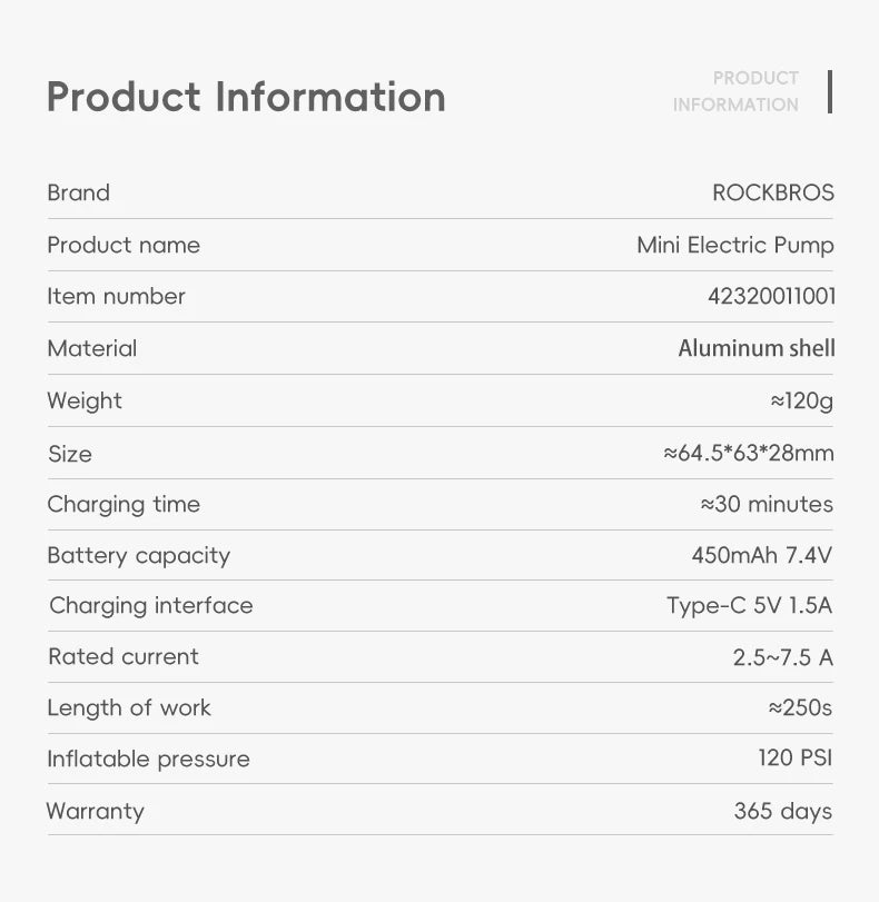 ROCKBROS Portable Mini Electric Bicycle Pump 120PSI Type-C Bike Tire Air Inflator Pump MTB Road AV FV Valve Cycling Pump