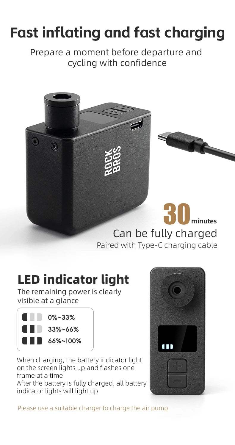 ROCKBROS Portable Mini Electric Bicycle Pump 120PSI Type-C Bike Tire Air Inflator Pump MTB Road AV FV Valve Cycling Pump