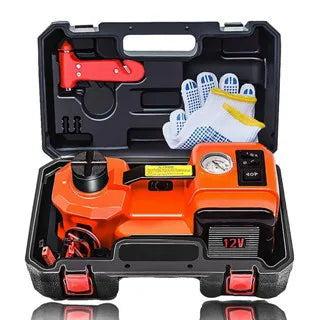 12V 5Ton Car Electric Hydraulic Floor Jack, Tire Inflator Pump and LED Flashlight 3 in 1 Set With Safe Hammer QZ002