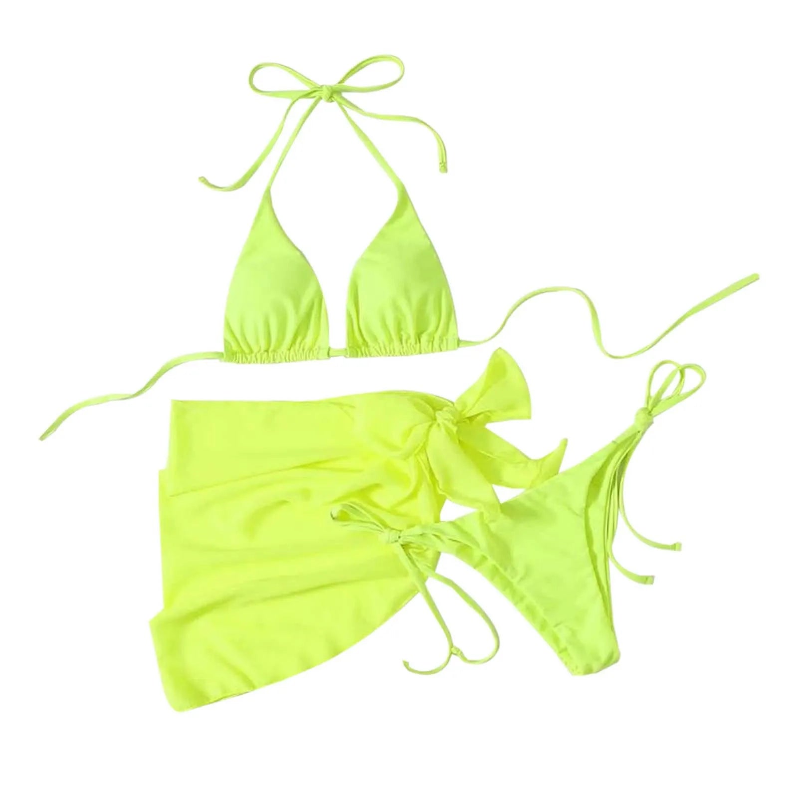 Women'S Solid Halter Backless Bikinis Set Sexy Triangle Cup Lace Up Bikini Top With Bottoms Swimsuit Cover Up 3 Piece Swimsuit