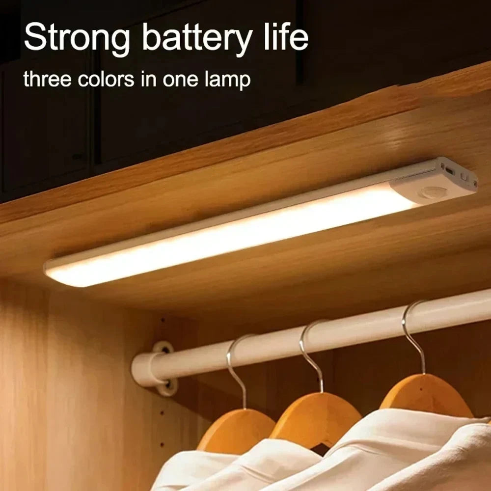 Motion Sensor Under Cabinet Wireless LED Light USB Rechargeable Ultra Thin 3-Color Dimmable Indoor Lighting For Closet Wardrobe