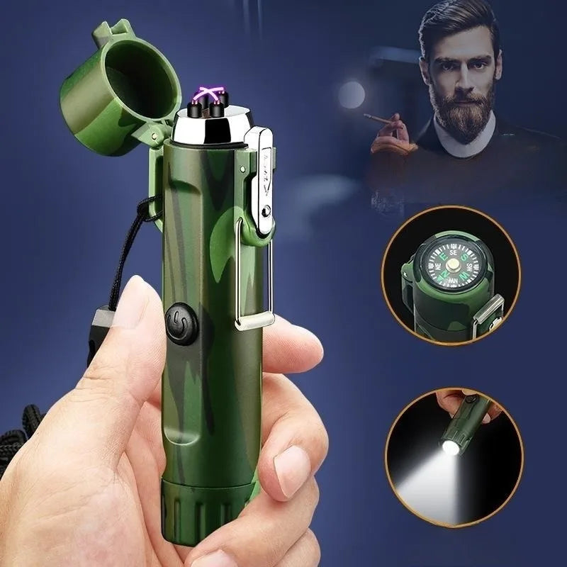 Electric Windproof Metal Lighter Flameless Dual Arc Plasma Rechargeable USB Waterproof Lighter with Flashlight Outdoor Tools