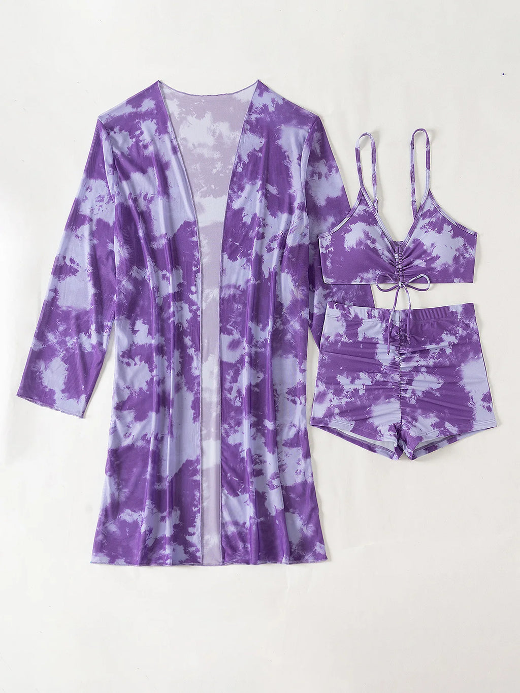 Bikini three piece printed belly covering long sleeved cover shirt tie dye swimsuit women's hot spring belly covering