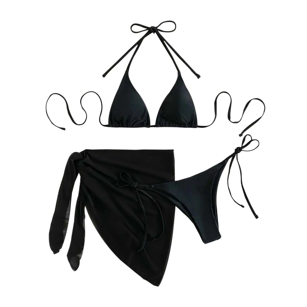 Women'S Solid Halter Backless Bikinis Set Sexy Triangle Cup Lace Up Bikini Top With Bottoms Swimsuit Cover Up 3 Piece Swimsuit