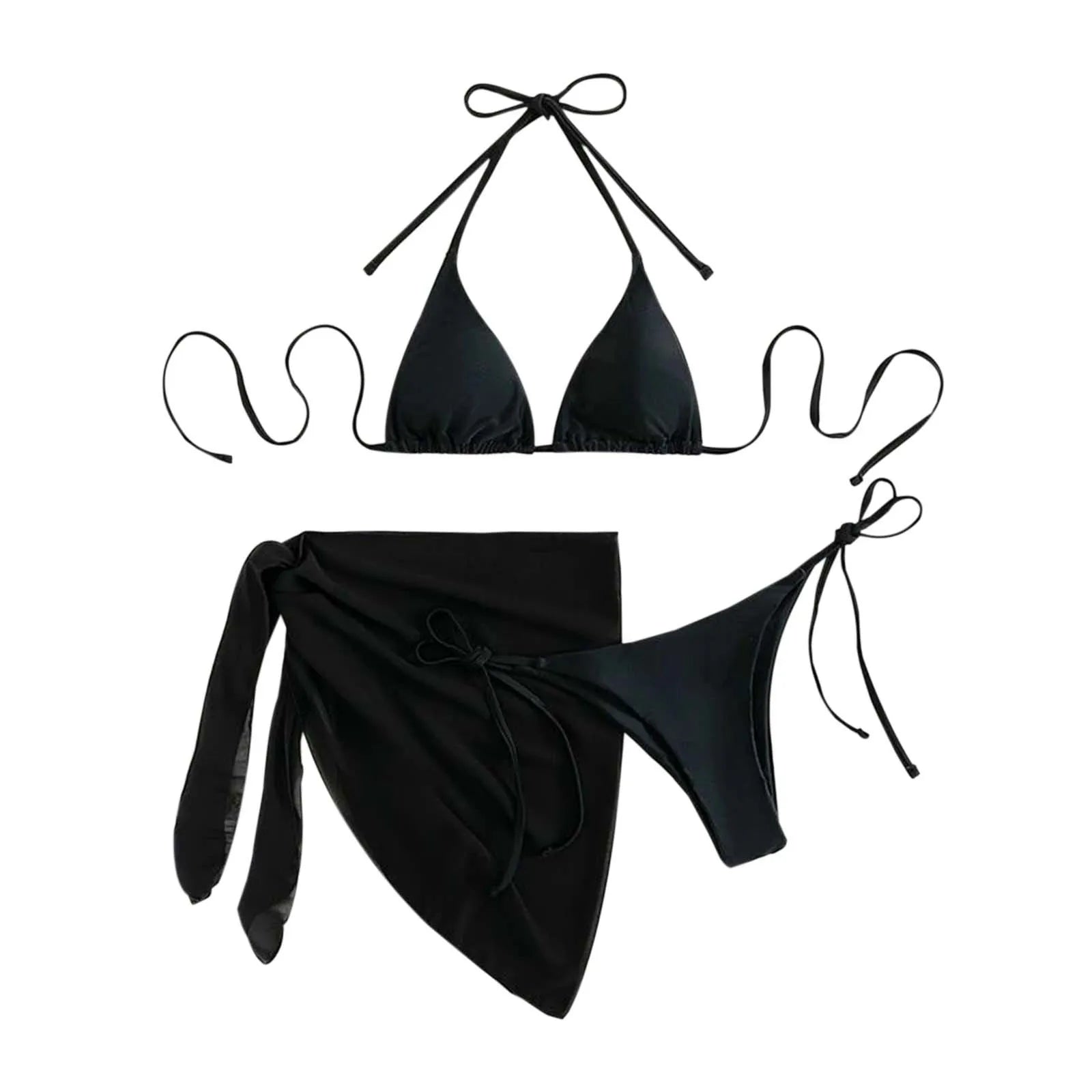 Women'S Solid Halter Backless Bikinis Set Sexy Triangle Cup Lace Up Bikini Top With Bottoms Swimsuit Cover Up 3 Piece Swimsuit