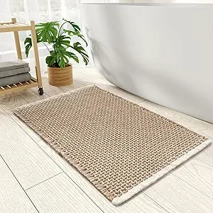 Checkered Bath Mat, Super Absorbent Non Slip Bath Mats for Bathroom Floor 3D Two Tone Woven Bathroom Mat with Tassels Machine W