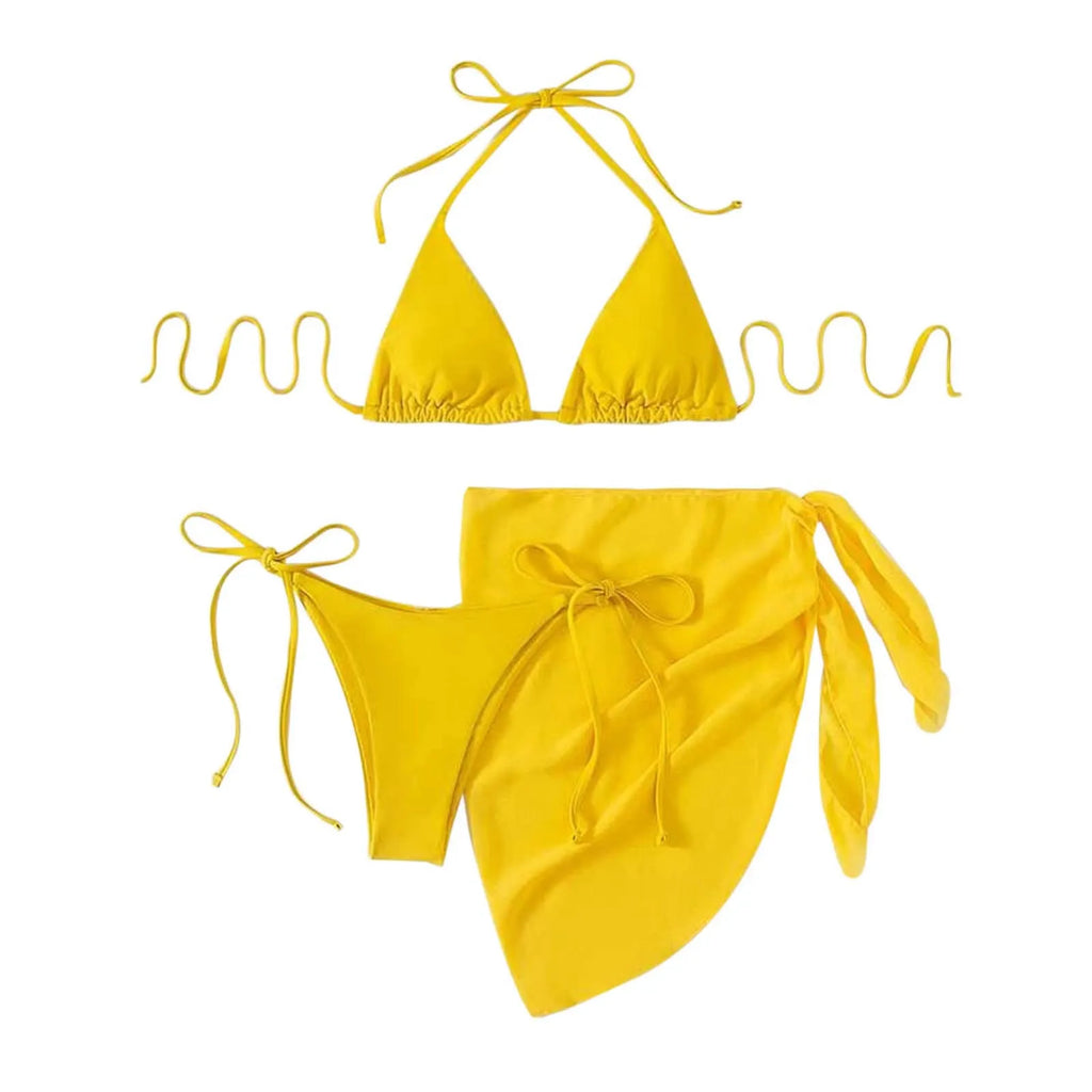 Women'S Solid Halter Backless Bikinis Set Sexy Triangle Cup Lace Up Bikini Top With Bottoms Swimsuit Cover Up 3 Piece Swimsuit