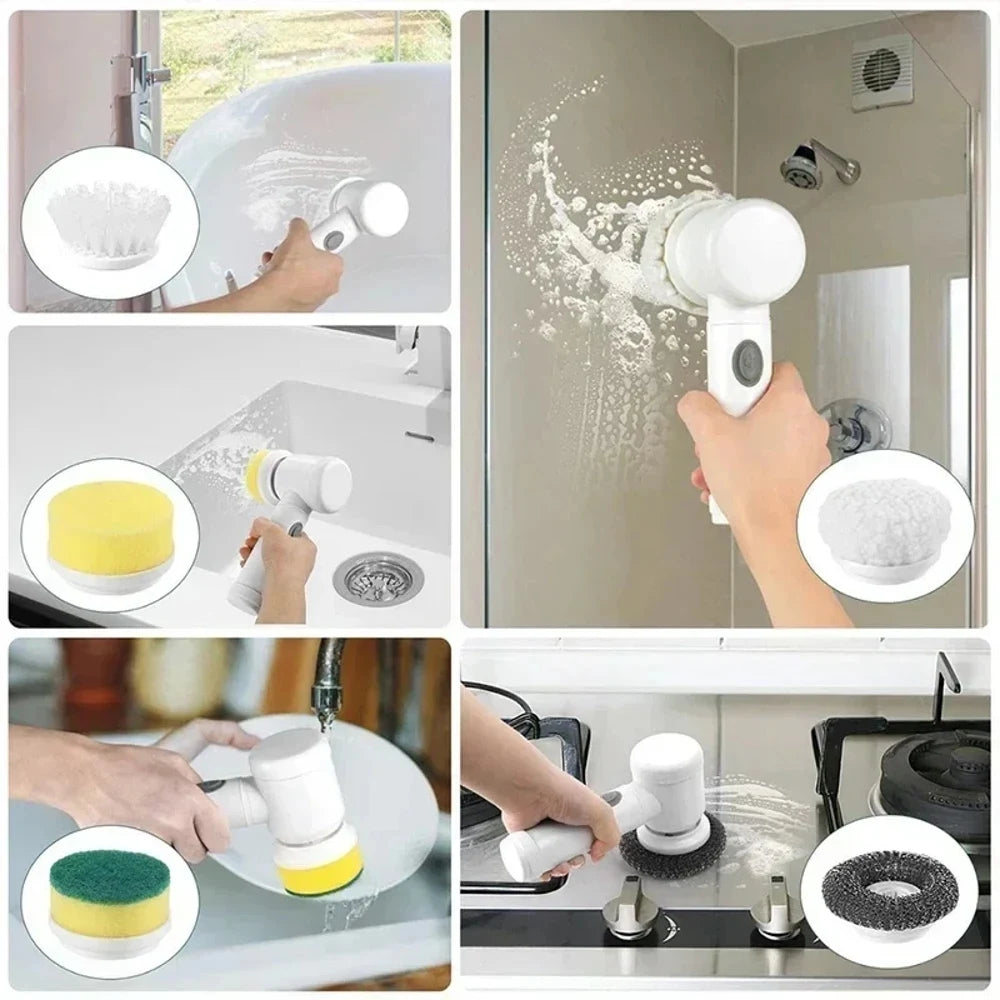 Cordless Electric Spin Scrubber with 5 Replaceable Brush Heads USB Rechargeable Waterproof Power Cleaning Brush Multi-purpose De