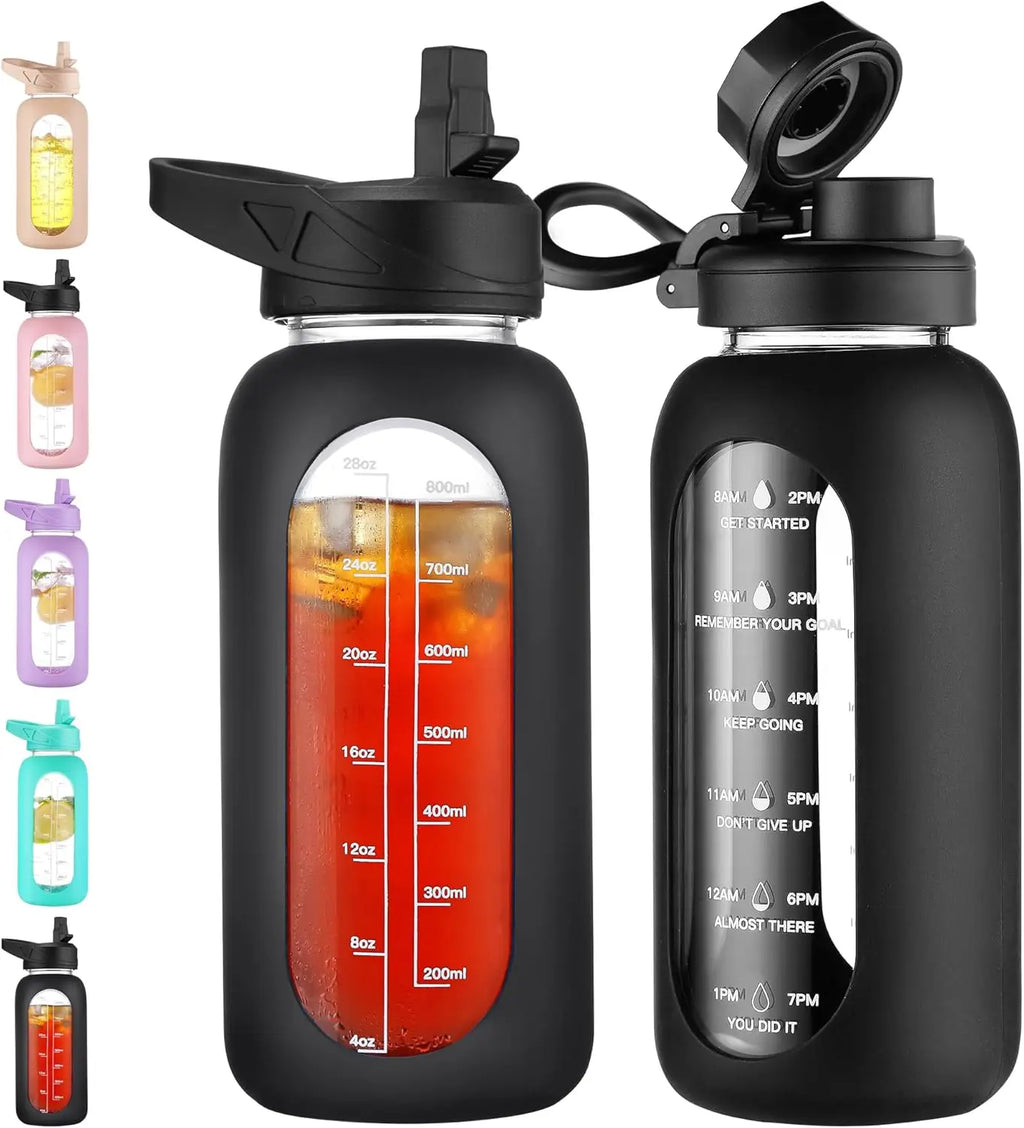 32 oz Glass Water Bottle with Straw, Handle, Time Marker & 2 Lids - Leakproof for Gym, Sports