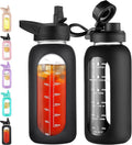 32 oz Glass Water Bottle with Straw, Handle, Time Marker & 2 Lids - Leakproof for Gym, Sports