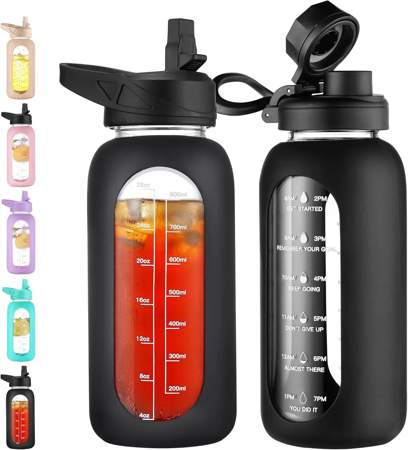 32 oz Glass Water Bottle with Straw, Handle, Time Marker & 2 Lids - Leakproof for Gym, Sports