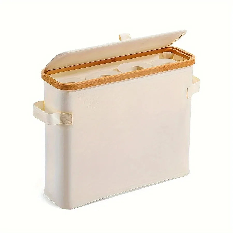 Bamboo toilet paper holder with lid - Self-contained bathroom organizer with handle, enclosed tissue storage box