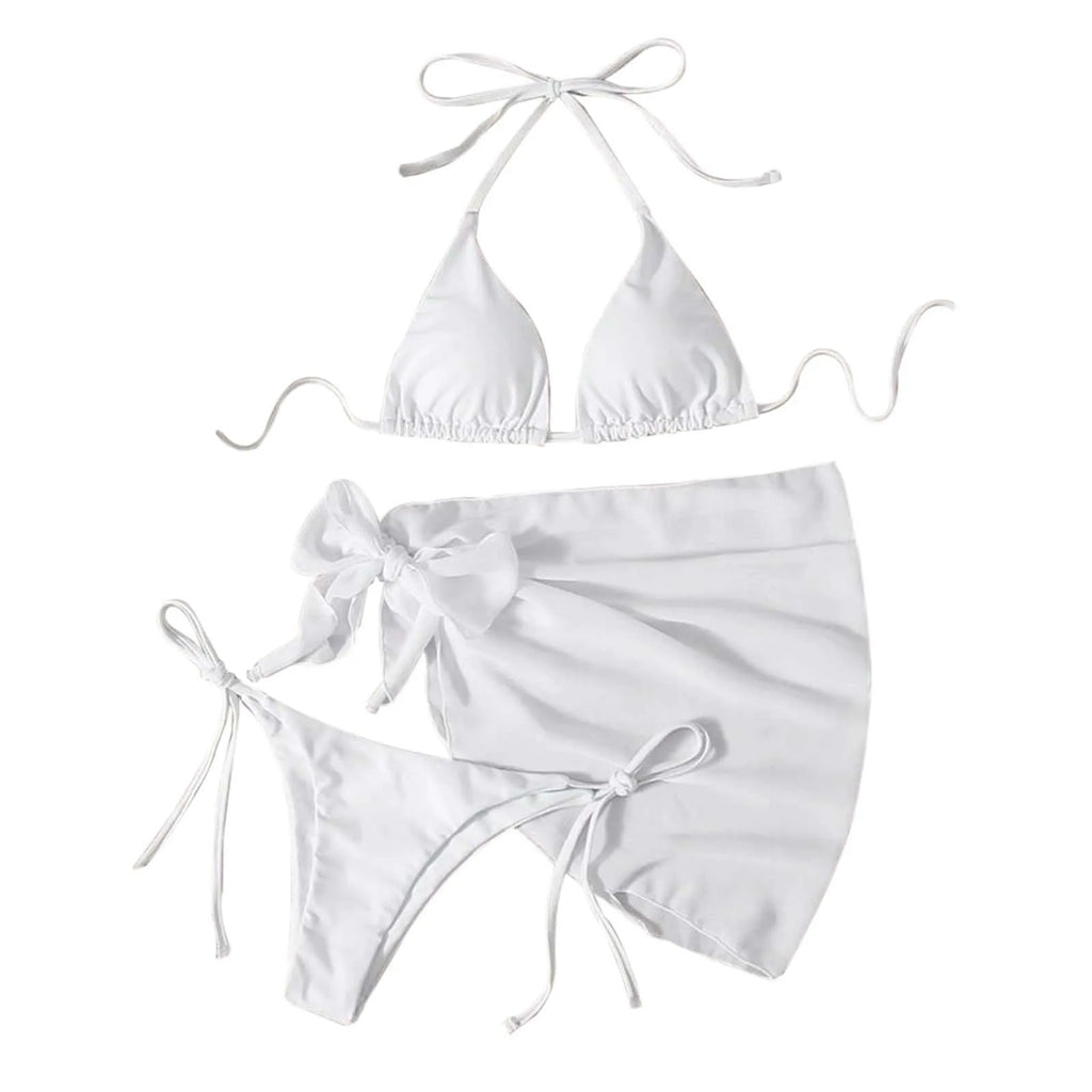 Women'S Solid Halter Backless Bikinis Set Sexy Triangle Cup Lace Up Bikini Top With Bottoms Swimsuit Cover Up 3 Piece Swimsuit