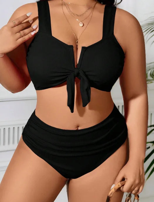 Women's Swimsuit 2025 Plus Size Ribbed Bikinis Sets Two Piece High Waist Black Tummy Control Bathing Suit Swimwear
