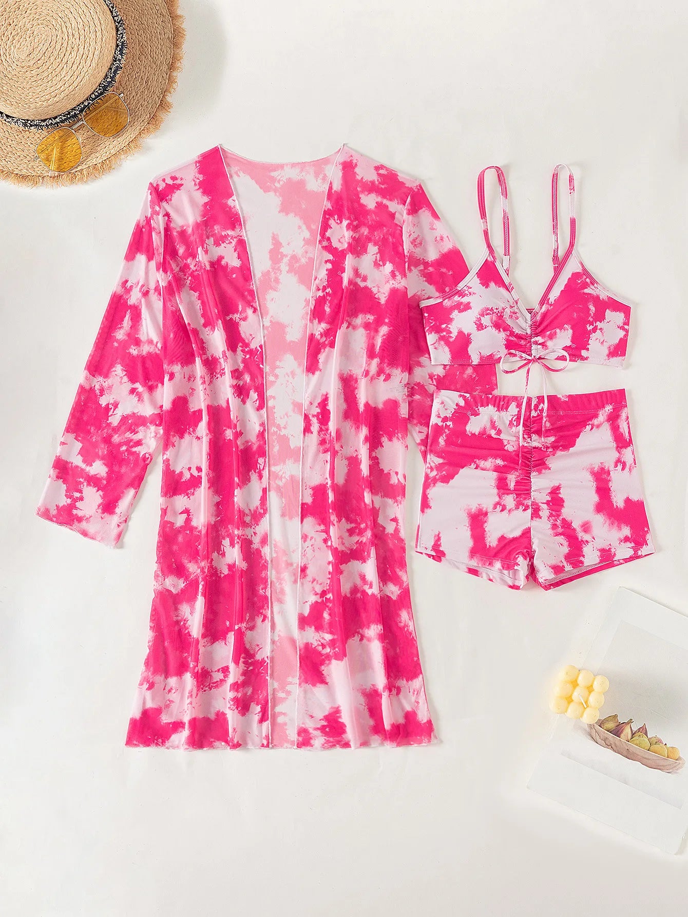 Bikini three piece printed belly covering long sleeved cover shirt tie dye swimsuit women's hot spring belly covering