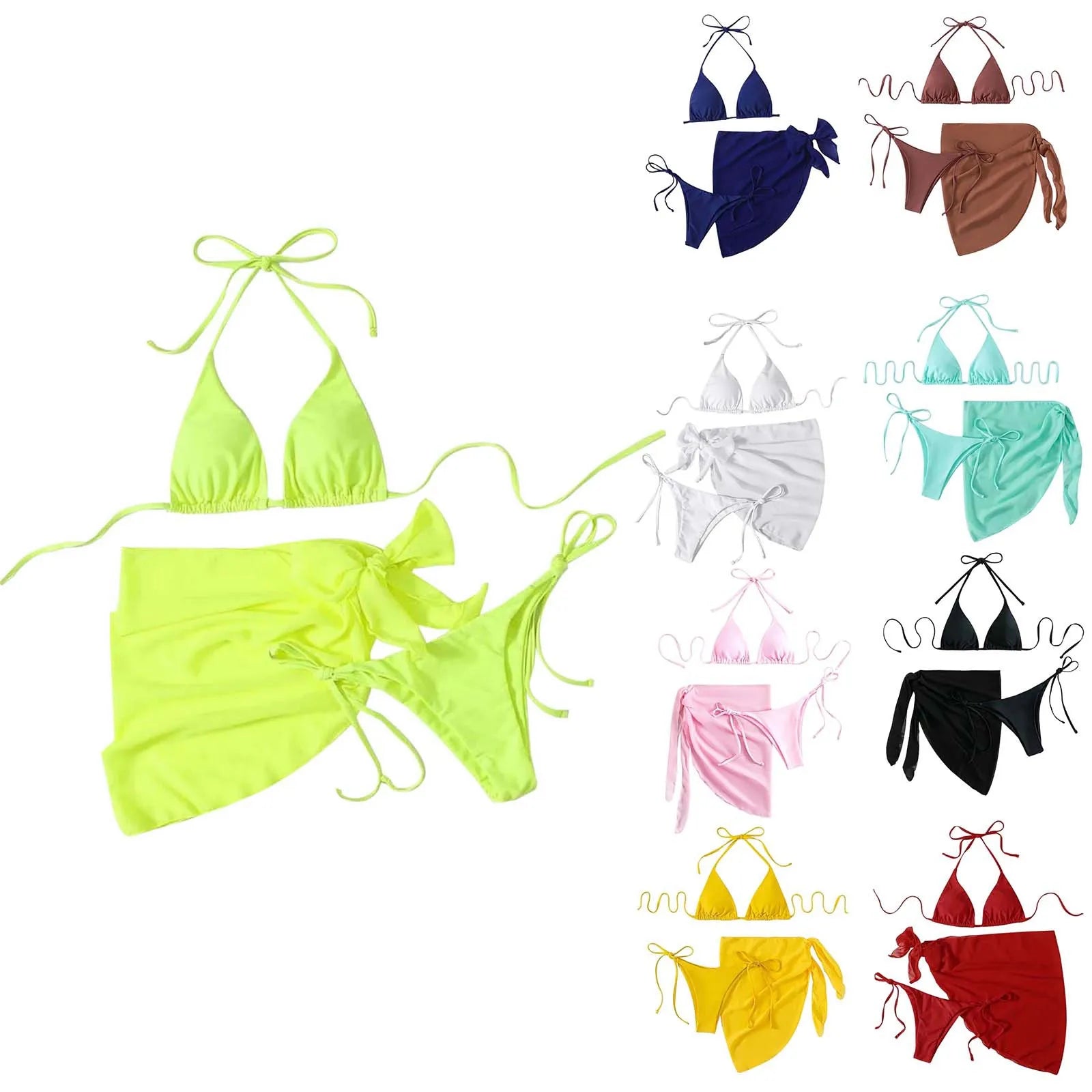Women'S Solid Halter Backless Bikinis Set Sexy Triangle Cup Lace Up Bikini Top With Bottoms Swimsuit Cover Up 3 Piece Swimsuit