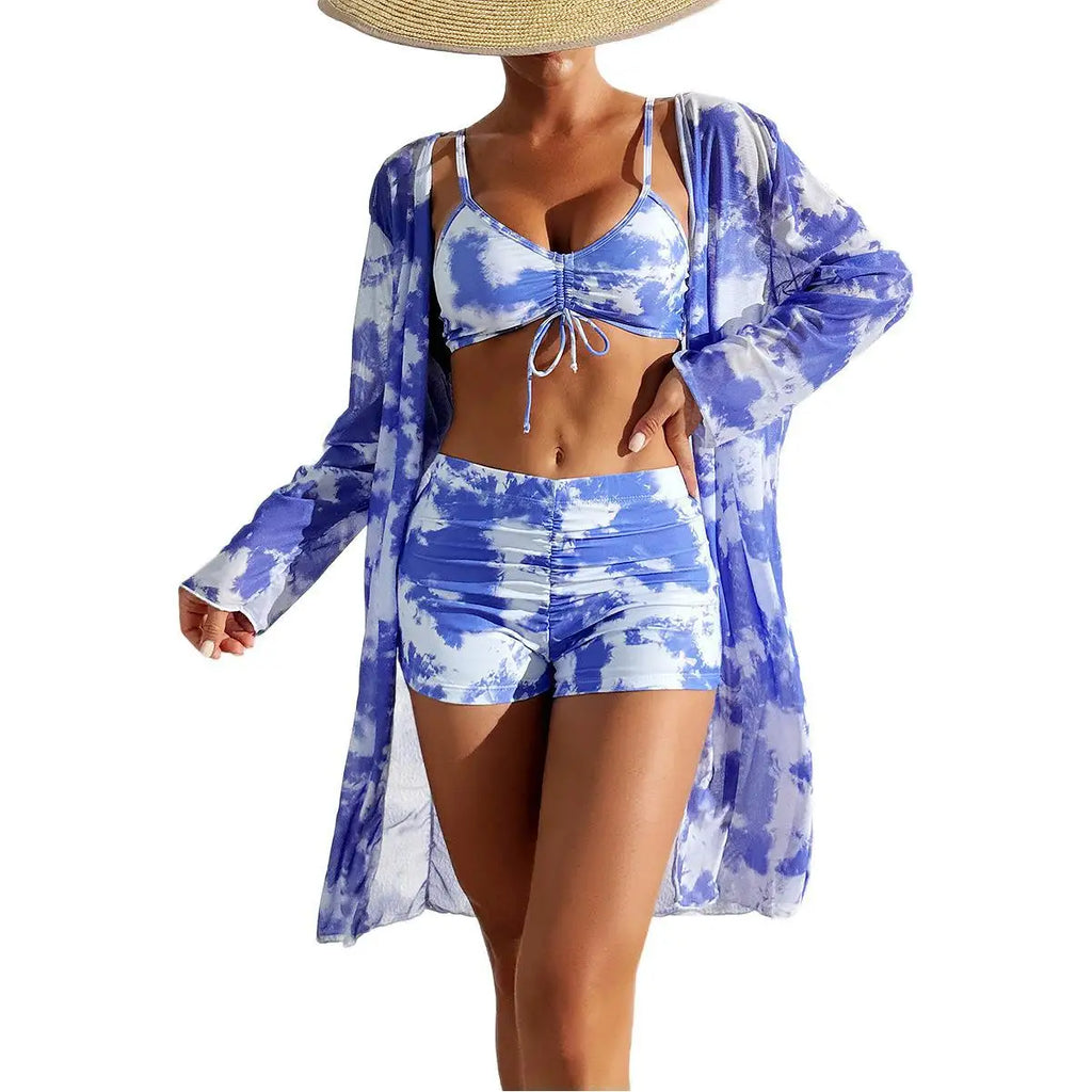 Bikini three piece printed belly covering long sleeved cover shirt tie dye swimsuit women's hot spring belly covering