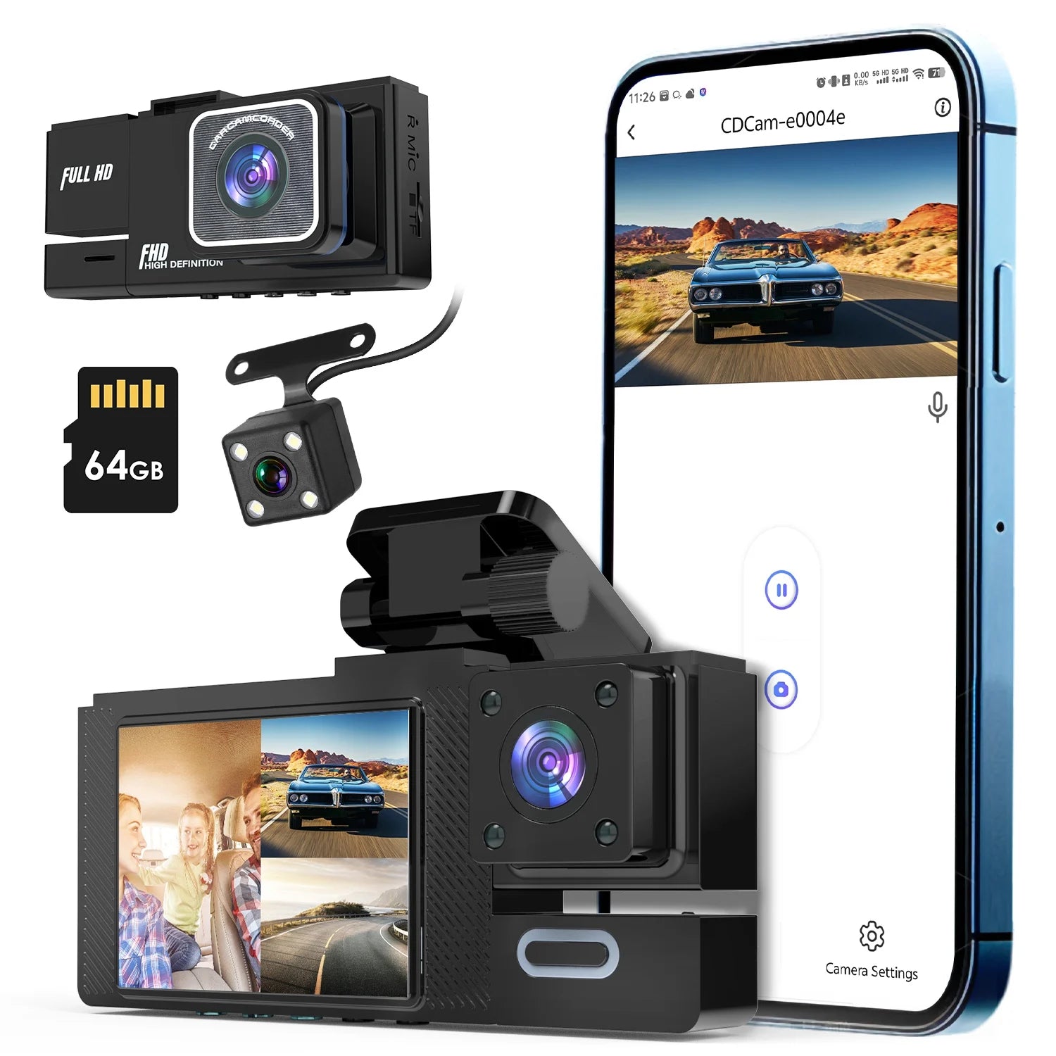 1Pc WiFi FHD 1080P Car Dash Cam 3 Channels Front Rear Inside Dash Camera With Loop Recording Reversing Image Night Vision