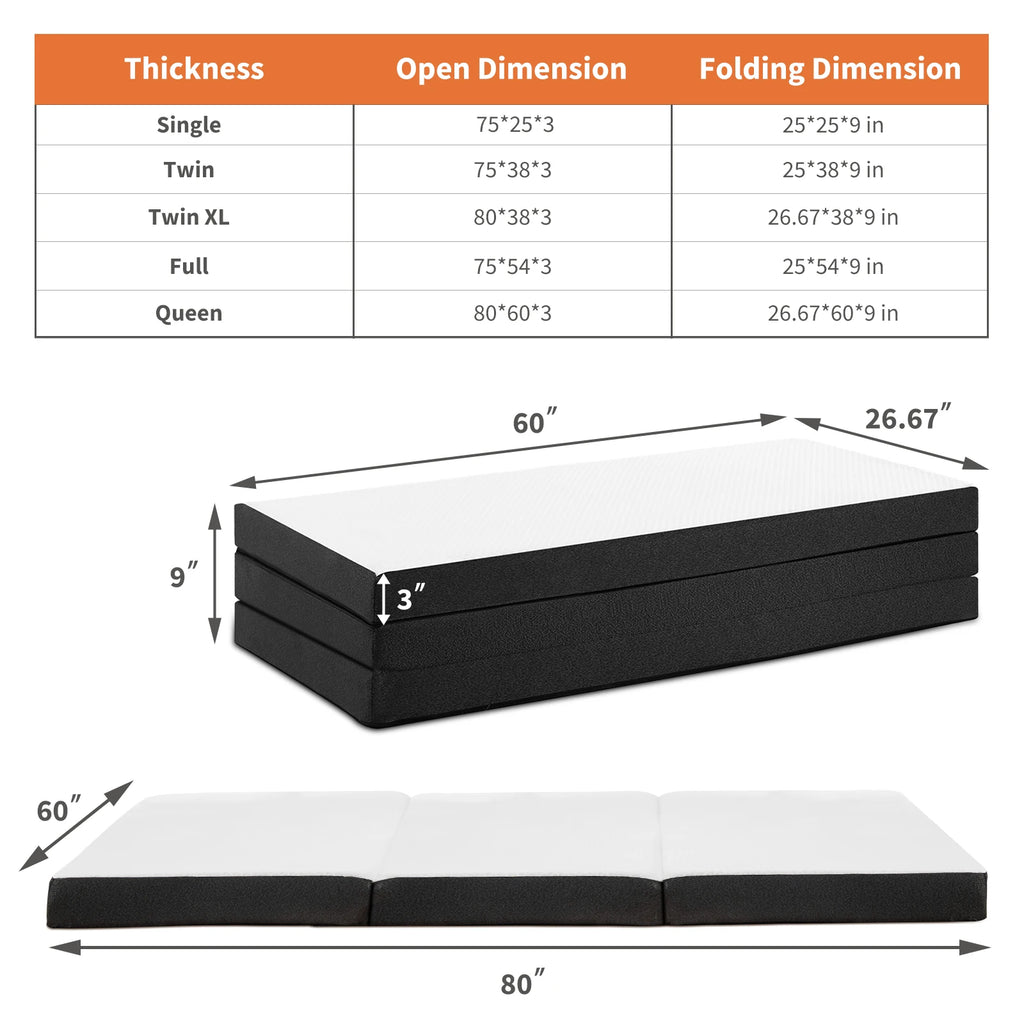 JHK Three Fold Portable Floor Bed,Certified By CertiPUR-US,Suitable For Travel,Camping,And Yoga,Soft Touch And Flexible Zipper