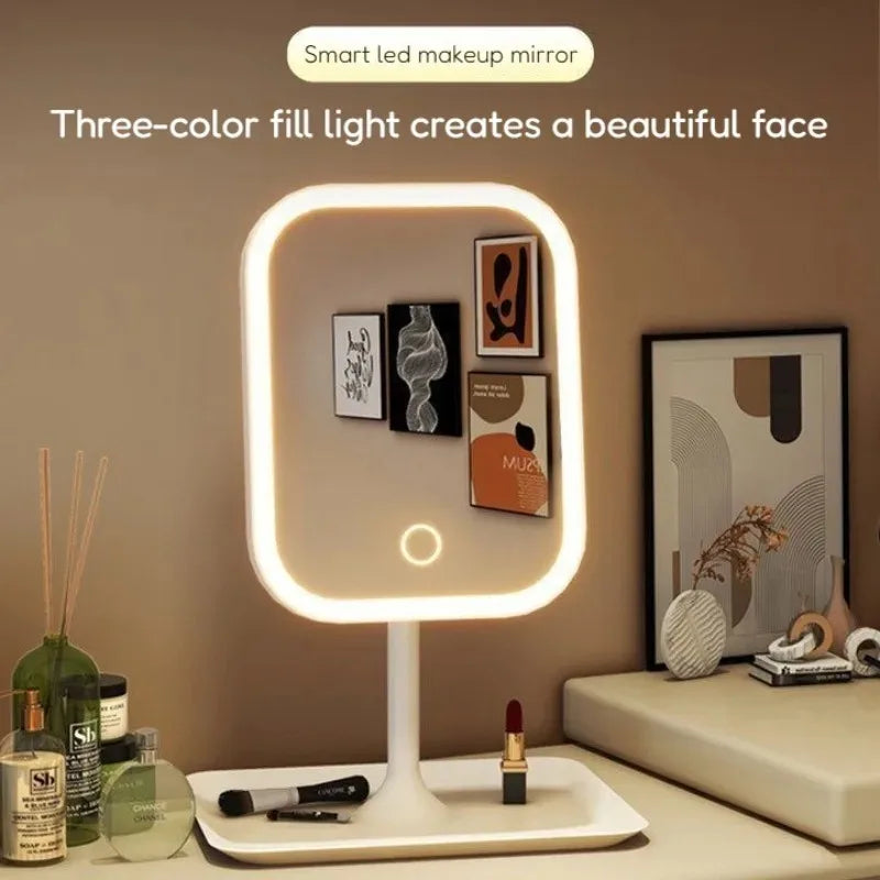 3 Colors LED Makeup Mirror with Light Dimmable Portable Desktop Mirror for Student Dorm Home Travel Gift