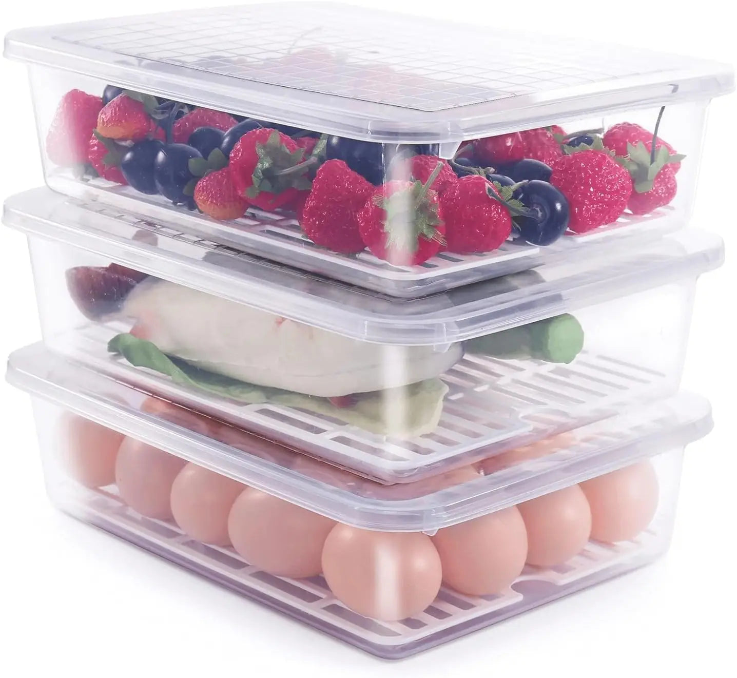 Food Storage Container, (3-Pack) Plastic Food Containers with Removable Drain Plate and Lid, Stackable Portable Freezer Stora