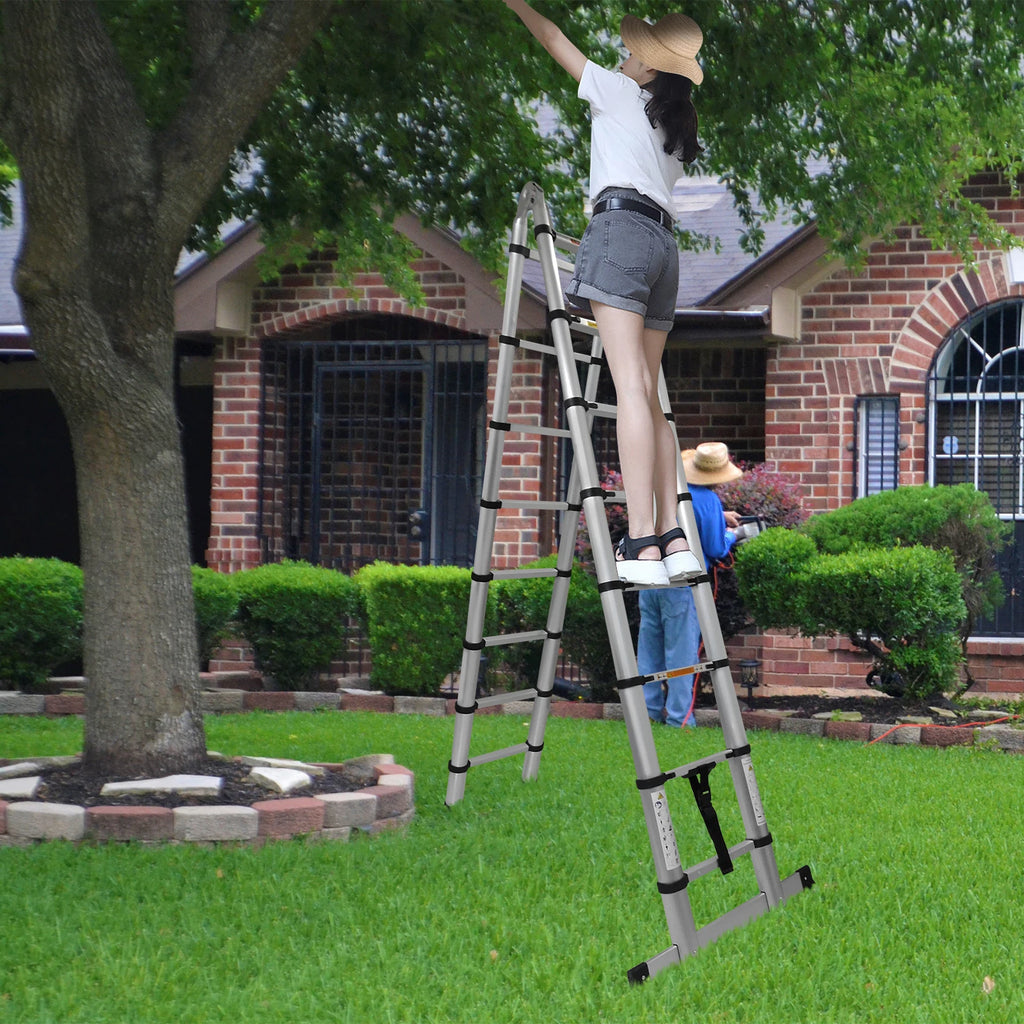 3.8M/5M Aluminium  Telescopic Ladder ,Heavy Duty Multi-Purpose A-Frame Sturdy Folding Ladder ,No-slip,150kg Load Capacity