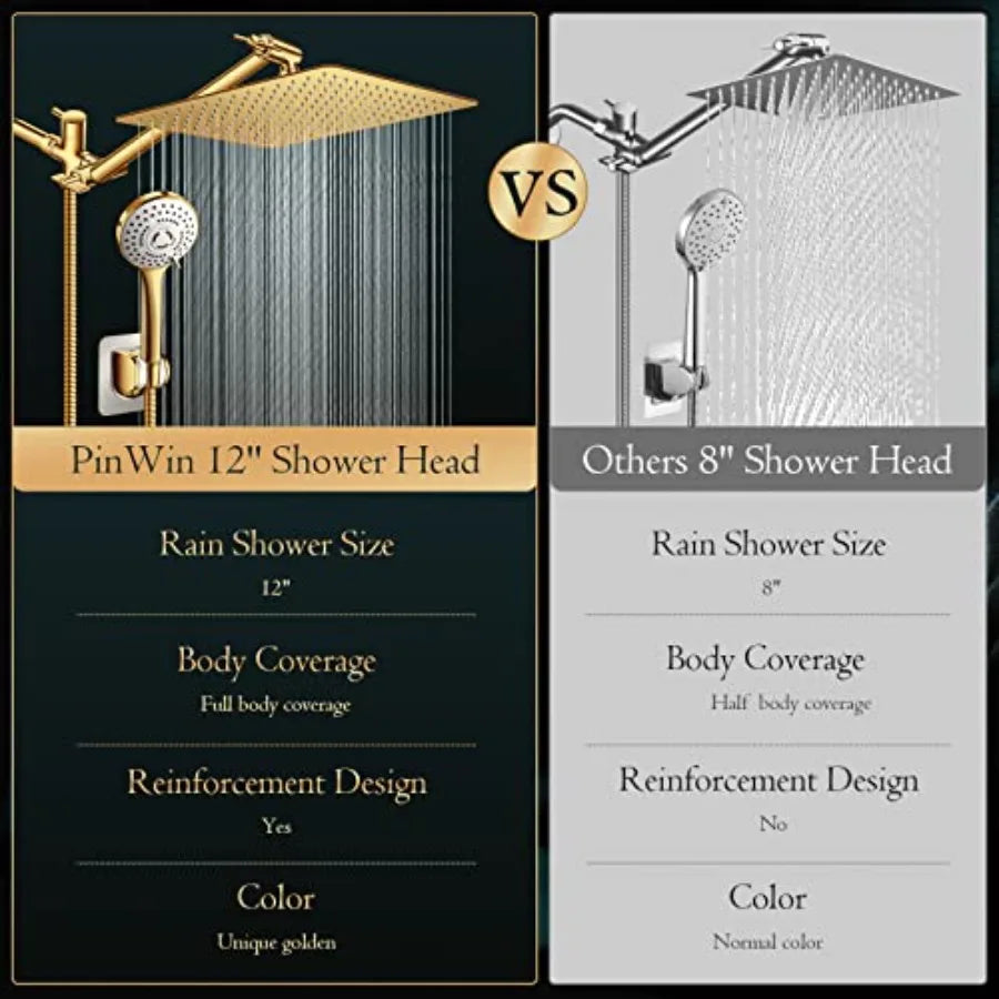 12'' Rain Shower Head with 11'' Adjustable Extension Arm and 5 Settings High Pressure Handheld Shower Head Combo Powerful Showe