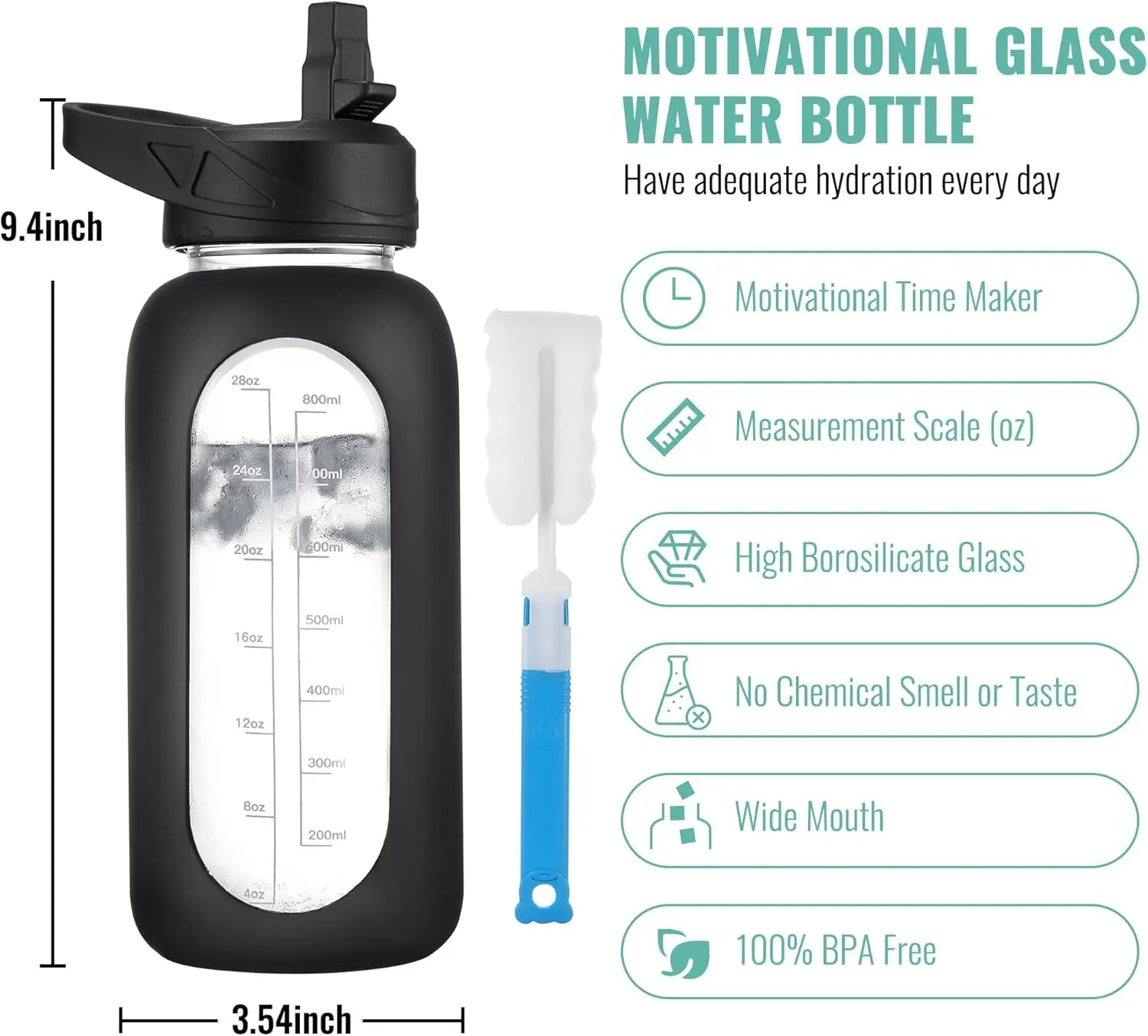 32 oz Glass Water Bottle with Straw, Handle, Time Marker & 2 Lids - Leakproof for Gym, Sports