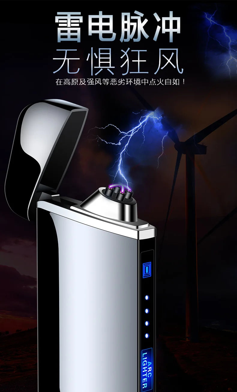 New Electric Windproof Metal Lighter Double Arc Flameles Plasma Rechargeable USB Lighter LED Power Display Touch Sensor Lighters