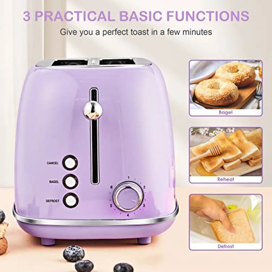 2 Slice Toaster Retro Stainless Steel with Bagel Cancel and Defrost Functions 6 Bread Shade Settings Extra Wide Slots and Remov